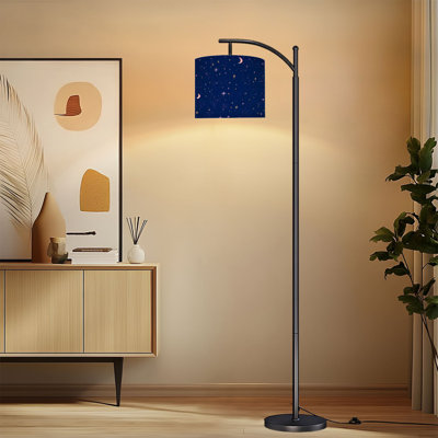Arc Floor Lamp with Adjustable Lampshade Starry Night Sky Crescent Moon Twinkling Stars Deep Blue Standing Lamp 3 Color Temperatures Dimmable Tall Pole Lamp with Foot Switch for Bedroom