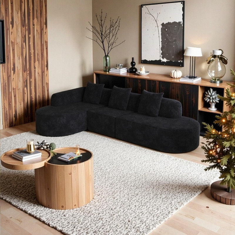 Canapé modulaire incurvé en forme de L de 111,8 pouces de conception moderne avec tissu en polyester à poils longs, Noir