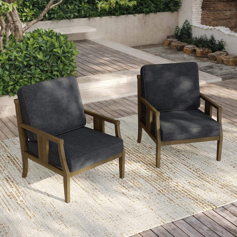 Teak Outdoor Two Pieces Chair Set with Cushions, Dark Gray, Brown