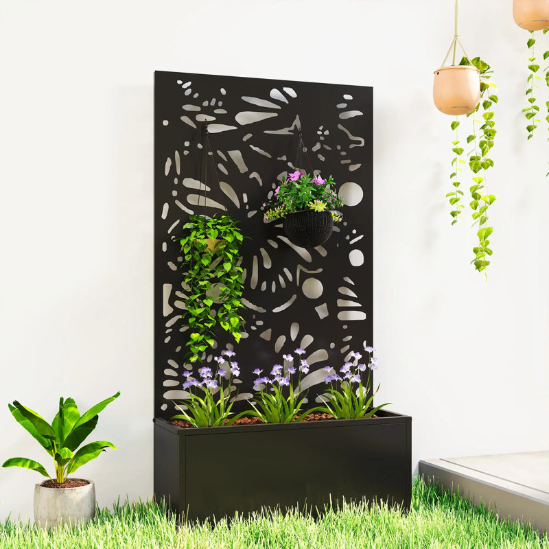 Lit de jardin surélevé mural et autoportant en métal avec treillis découpé, jardinière noire