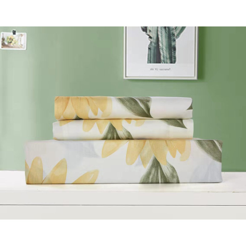 Mia Sunflower 100% Cotton Floral Sheet Set With Pillowcases, King Sheet Set with 2 Pillowcases