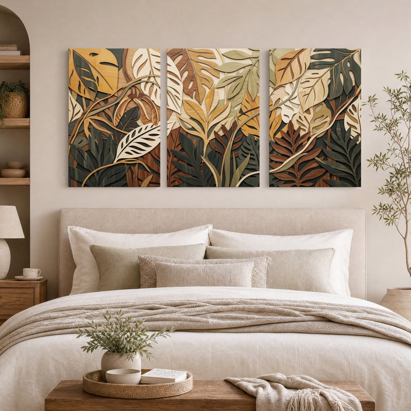 «Layered Wood Leaves in Earth Tones», ensemble de 3 toiles murales, H 24 po x l 16 po x 3 pièces