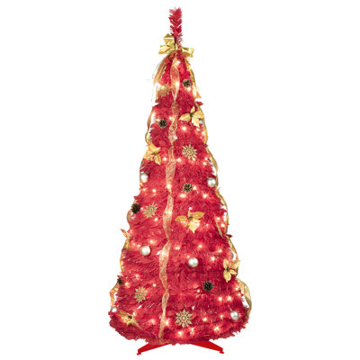 6ft Red Pop-up Christmas Tree With 150 Warm White Led Lights, 53 Decorations, Easy To Up For Holiday Decor In Small Offices Function, Decorative Pieces, Quick Setup Dorm Spirit