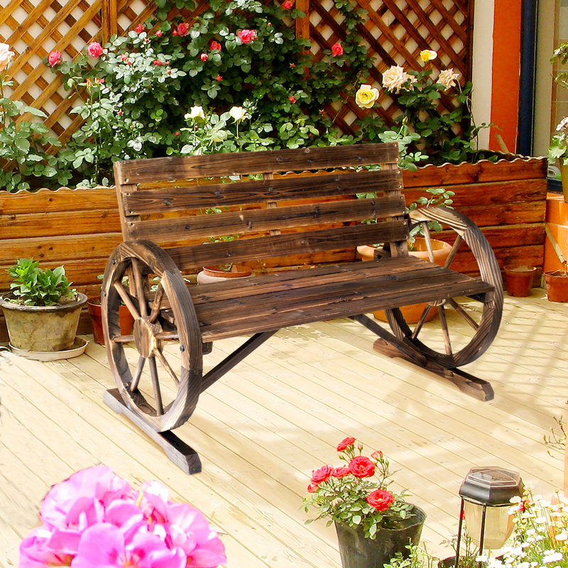 Kasandra 41" Wooden Wagon Wheel Bench, Rustic Outdoor Patio Weather Resistance Furniture, 2-Person Slatted Seat Bench with Backrest, Carbonized