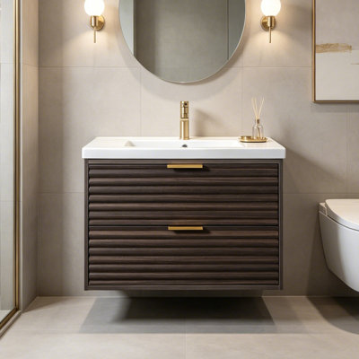 30" Brown Vintage Wall-Mounted Single Bathroom Vanity Set With 2 Drawers