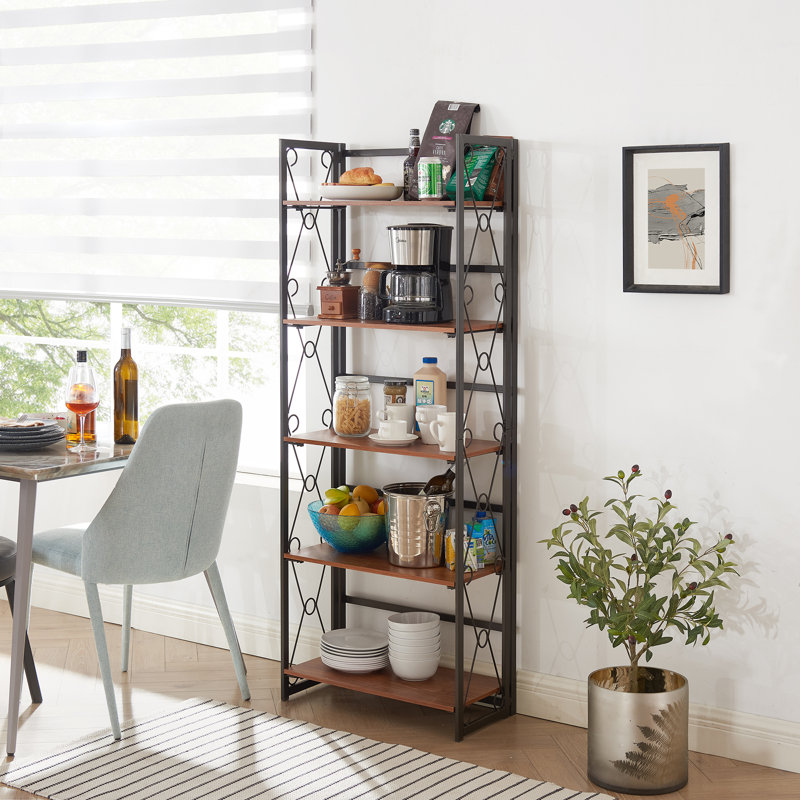Jasiana Foldable Steel Shelving Unit, 62” H × 24” W Narrow Storage Rack with Removable MDF Shelves, 5-Tier Industrial Collapsible Bookcase with Heavy-Duty Steel Frame for Small Spaces, Home Office & Living Room, Rustic Brown