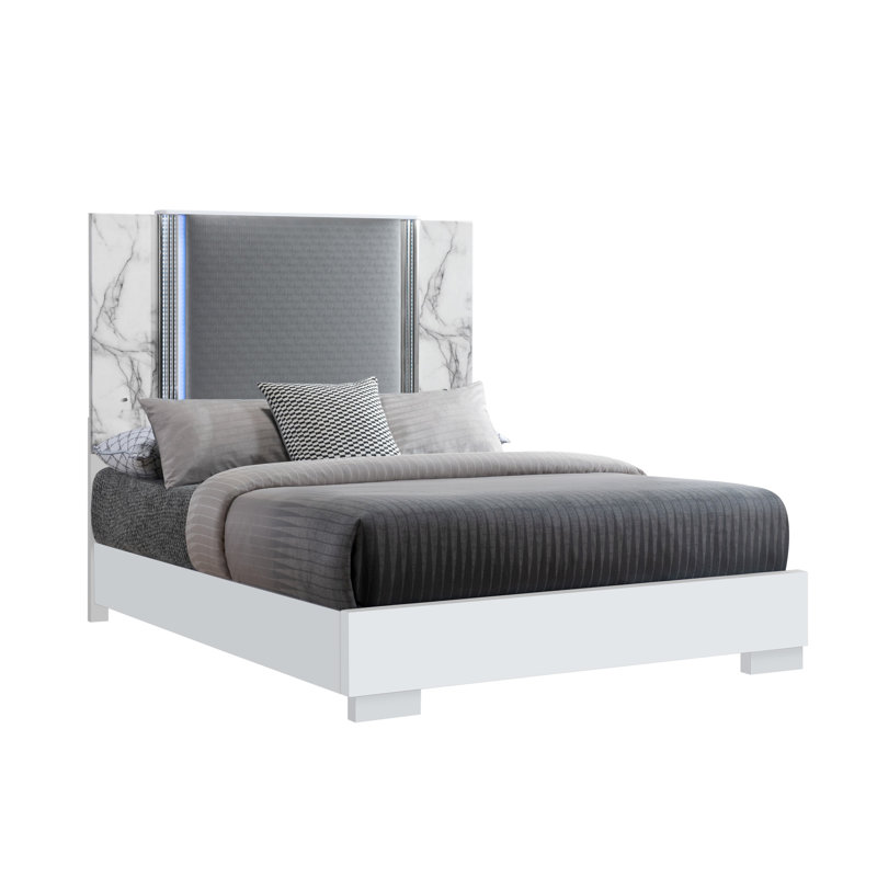 Grand lit à DEL en marbre blanc Moon, cadre de lit à panneau moderne, housse en bois d'hévéa, chambre à coucher avec accents de sérénité, revêtement de style contemporain, bois massif et escapade