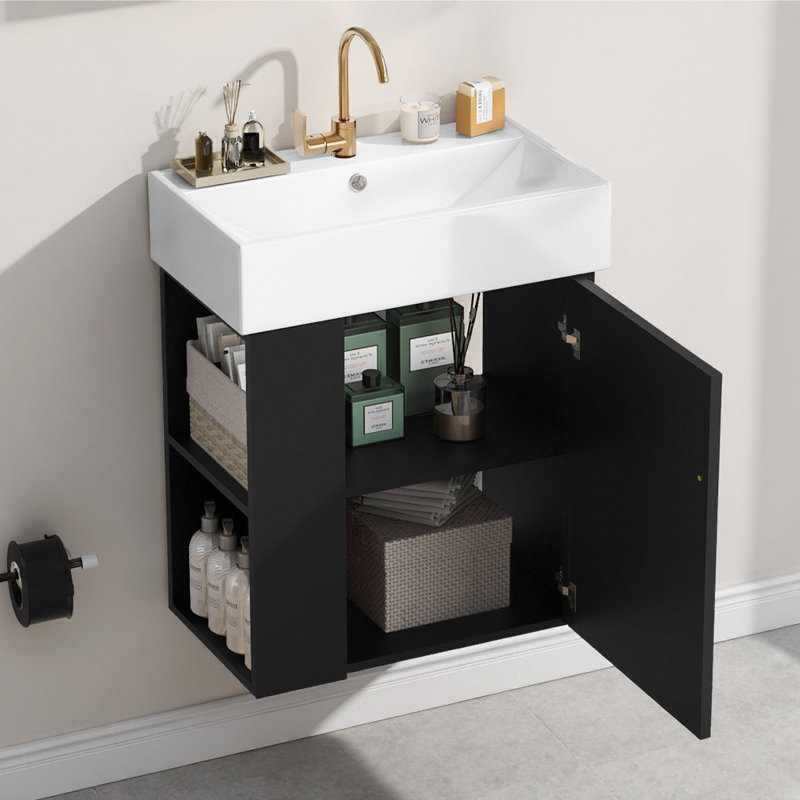 Meuble-lavabo flottant moderne 21,6 po avec lavabo en céramique | Conception peu encombrante et rangement à gauche - Noir