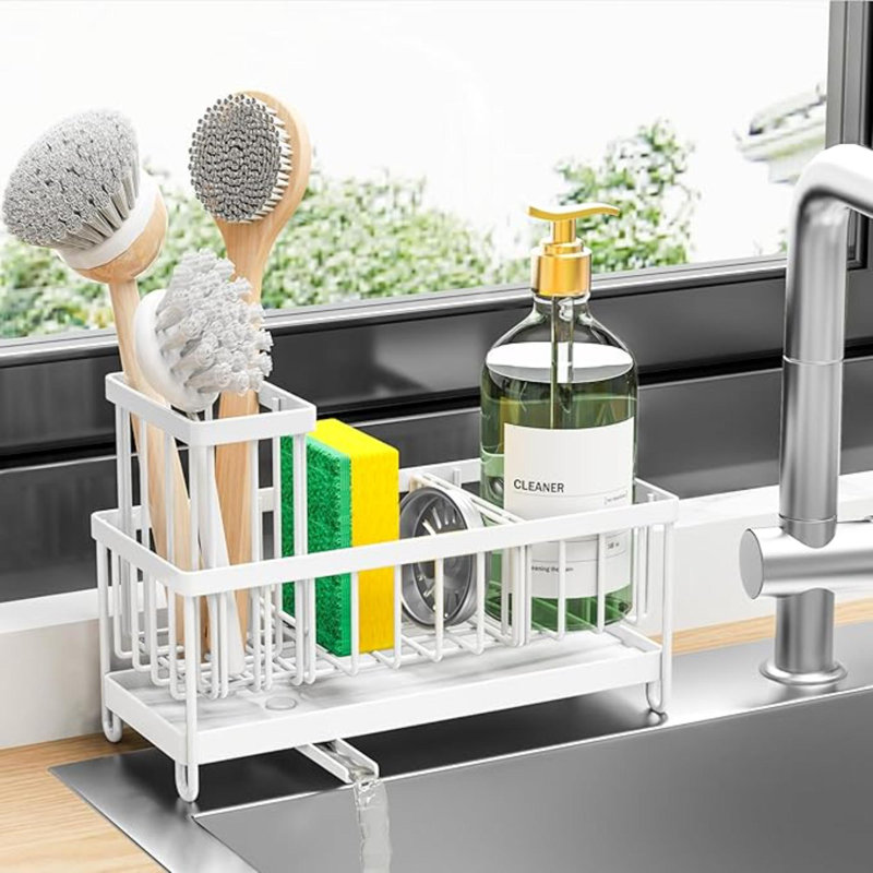 Porte-éponge pour évier de cuisine, support d'évier avec porte-brosse haute, séparateur d'organisateur de vaisselle en acier inoxydable 304 antirouille Organzier, rangement pour distributeur de savon (blanc)