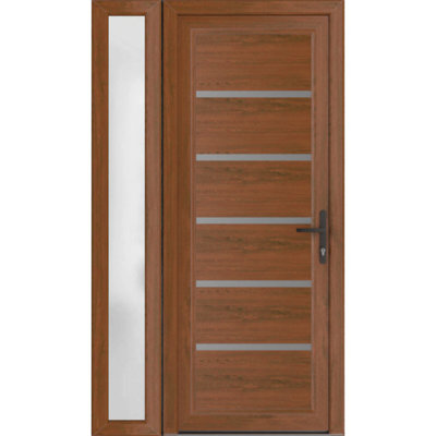 Porte d'entrée extérieure prémontée en PVC-U métallisé Manux 8415, couleur noyer, avec imposte et panneau latéral. Convient aux bureaux, aux commerces et aux résidences. Parfait pour l'entrée, les patios et les garages. Dimensions : 42 x 80 pouces (L 30 + 12 x H 80 pouces). Ouverture à gauche vers l'intérieur.