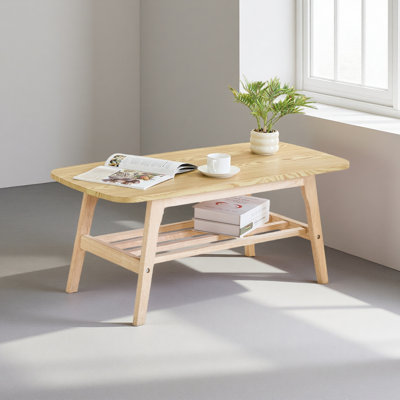 Solid Wood Coffee Table - 2-Tier Wooden Center Coffee Table With Storage Shelf For Living Room, Apartment
