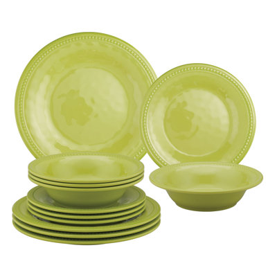 12 Piece Beaded Melamine Dinnerware Set Plate and Bowl Set - Service for 4