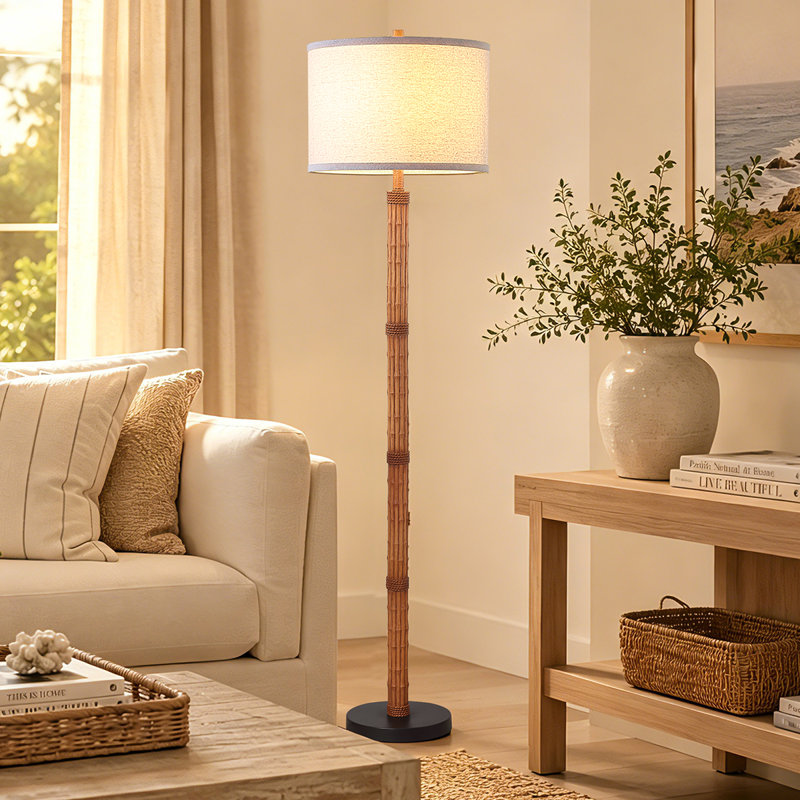 Bamboo-Inspired 62" Floor Lamp With Ivory Linen Shade And Rotary Switch, Includes LED Bulb