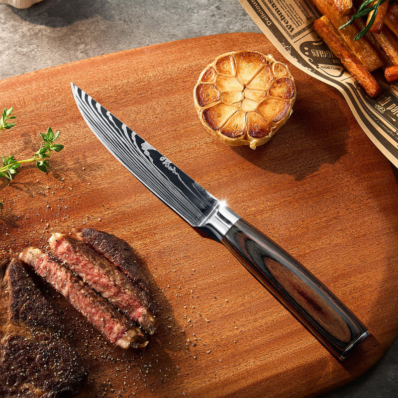 Ensemble de couteaux à steak 6 pièces Senken Knives «Imperial» avec poignées en bois à finition lisse et motif damas, pales en acier à haute teneur en carbone, boîte-cadeau de luxe