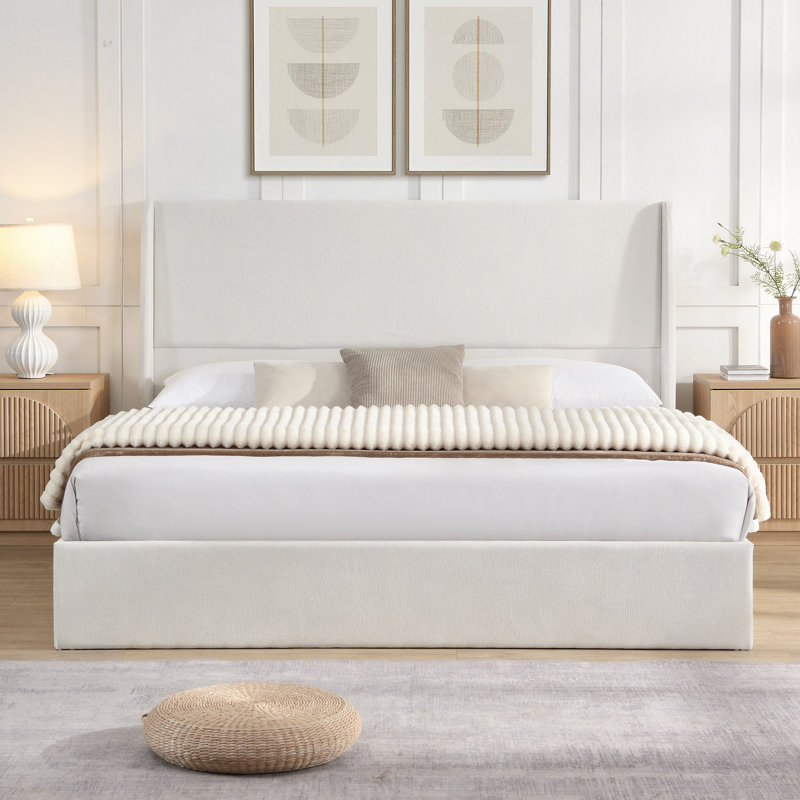 High Headboard Upholstered Bed, Floor Standing Bed Frame,Bed Frame, 12-Slat Support, Easy To Assemble, Chenille Cloth, No Box Spring Needed