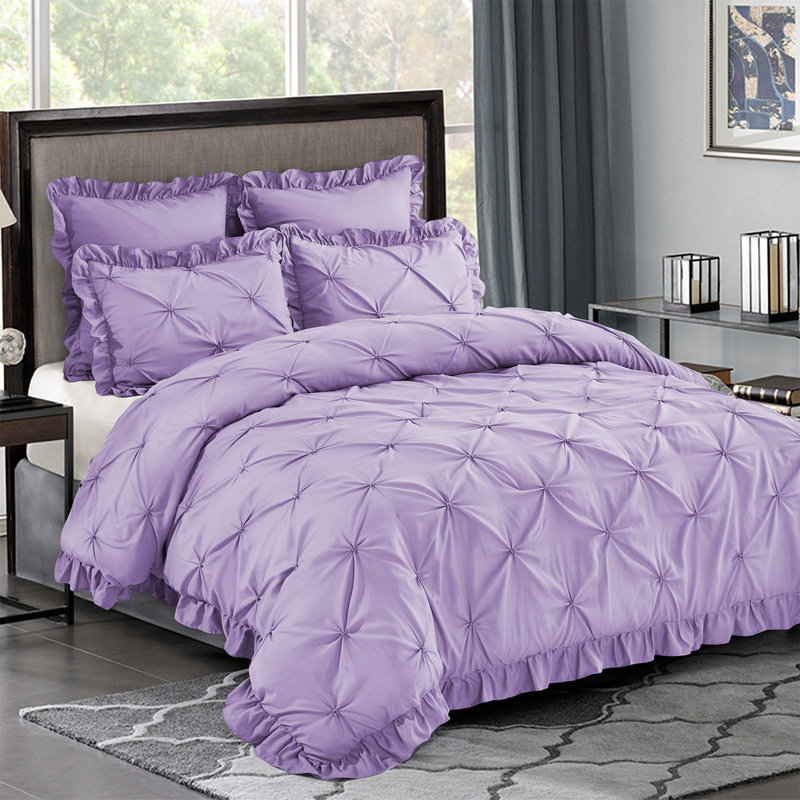 Ensemble d'édredon 5 pièces princesse romantique Pintuck, Édredon pour lit très grand + quatre taies déco, Lavande