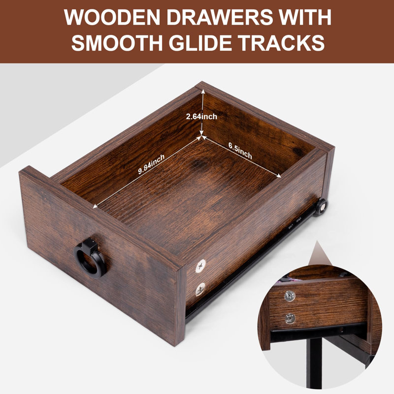 Rustic Slim Rectangular Wood Side Table with USB Ports and Outlets