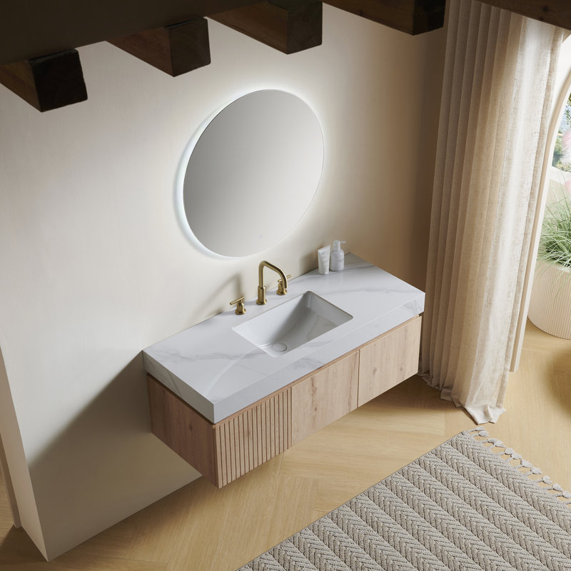 Muri 48" Bathroom Vanity&Sink, Floating Plywood Storage Cabinet With Drawer&Doors, Carrara White Sintered Stone Top&Ceramic Basin With  8'' widspread 3 Holes, Pre-Assembled, White Oak Woodgrain
