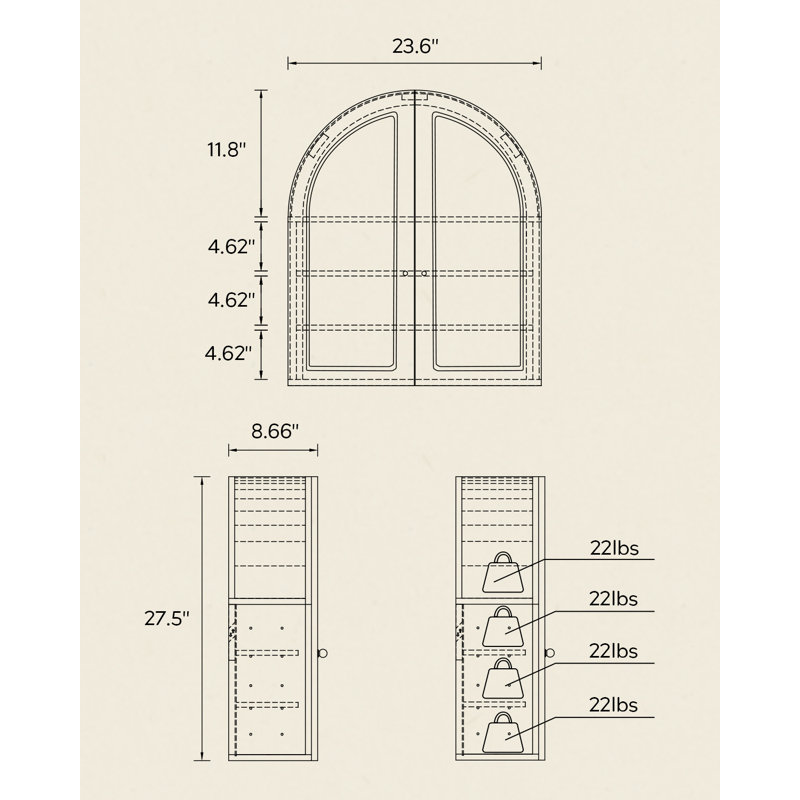 Armoire de rangement murale Modern Arch - tablette réglable, poignée en cuivre, capacité de charge de 22 lb par tablette