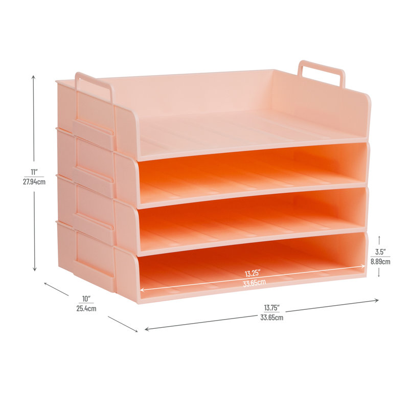 Mind Reader Stackable Paper Tray, Desktop Organizer, File Storage, Office, Plastic, 13.75"L x 10"W x 10.75"H, 4 Pcs, Pink