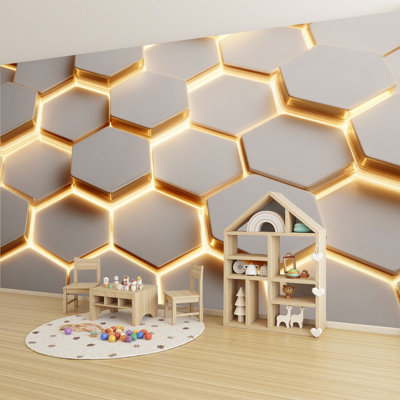 Peel and Stick Wallpaper Matte Cream 3D Wall Golden Glowing Edges Wall Murals 69"H x 96"W Removable PVC Wall Paper Self-Adhesive Wall Decor for Bedroom Living Room Home Office