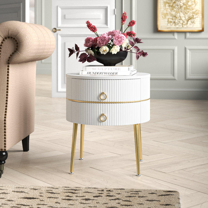 Midwest Side Table with Storage, White Marble/Gold
