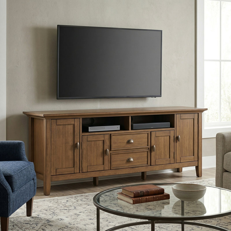 Redmond 72"W Solid Wood Transitional TV Stand for TVs up to 80" with 2 Cabinets, 2 Drawers, and Open Shelves