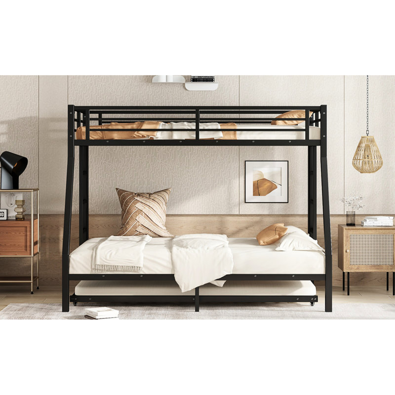 Black Metal Twin Over Full Bunk Bed With Trundle - Solid Quality, Silent Movement, Space Saving, Guardrail Protection, Simple Assembly Storage Benefit, Reinforced Bottom, Convenient Setup