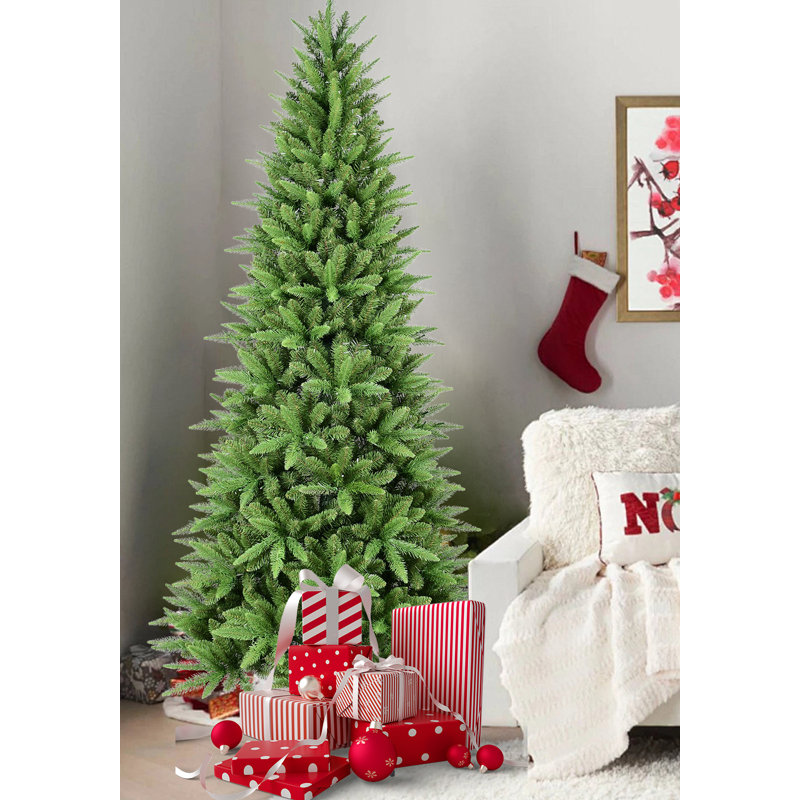 Arbre de Noël mince 6 pi - 850 pointes, branches en PE + PVC, conception à charnières pour une installation facile, support en métal stable - idéal pour les coins et les petits espaces