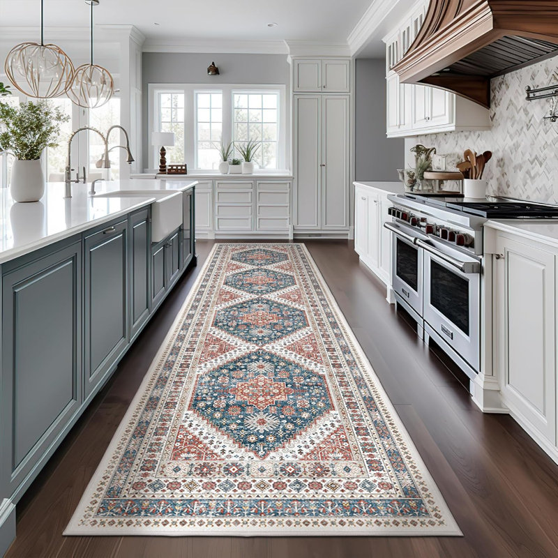 Medallion Non Slip Washable Rug(Red), Runner 2' x 8'