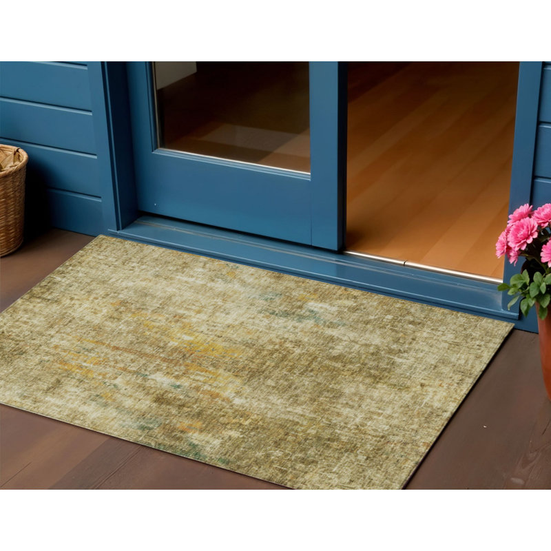 Tapis intérieur lavable abstrait beige et doré 3 pi x 5 pi