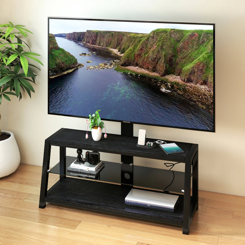 Meuble télé Meuble télé pivotant à hauteur réglable en verre trempé avec support télé, Noir