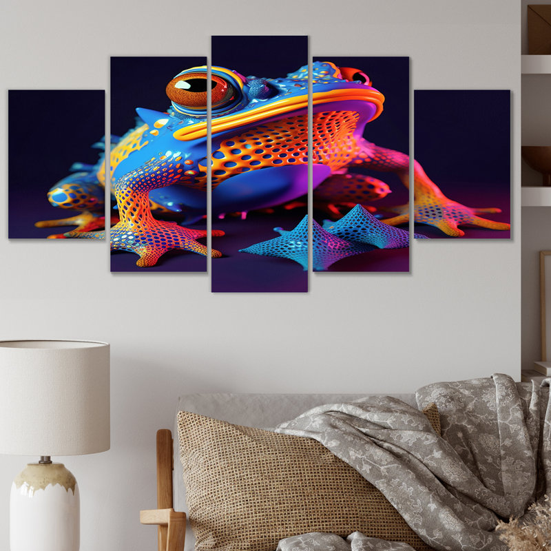 «3D Neon Frog I», art mural sur toile, 5 panneaux
