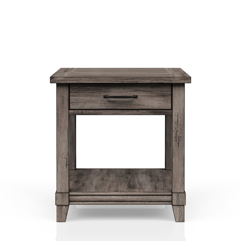 Solid Wood + Grey End Table With & Storage Drawer Rustic Charging And Space