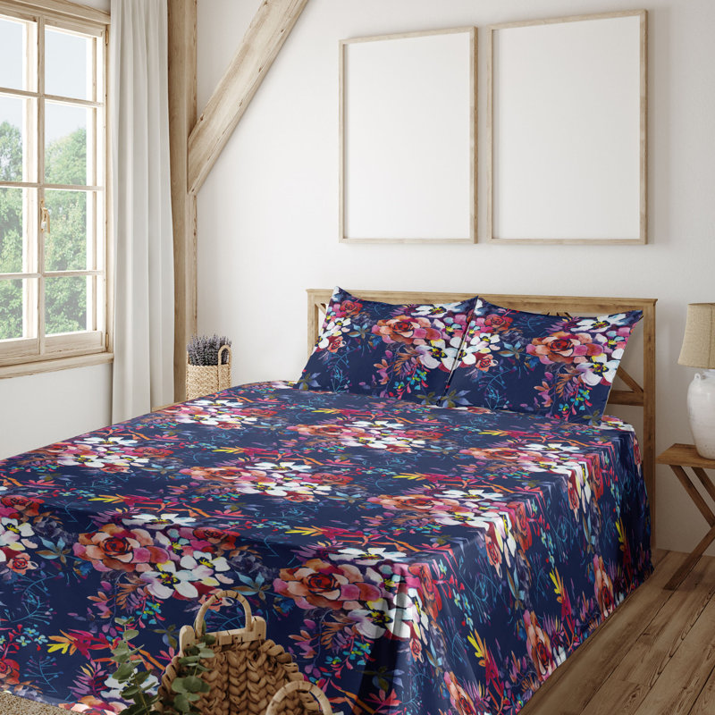 Ambesonne Watercolor Botany Sheet Set 4 Pcs Retro Boho Bloom, California King Sheet Set with 2 Pillowcases