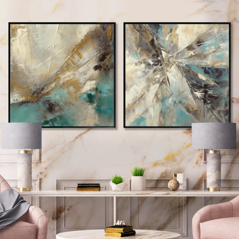 Formes beiges et vertes en peinture - ensemble de 2 peintures carrées abstraites, Cadre flottant noir, H 16 po x l 33 po
