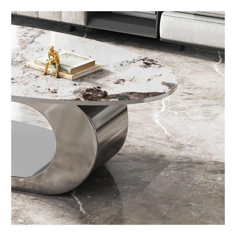 Table basse 49,2 pouces ovale en faux marbre pour salon avec base en acier inoxydable, Silver, Brown/White