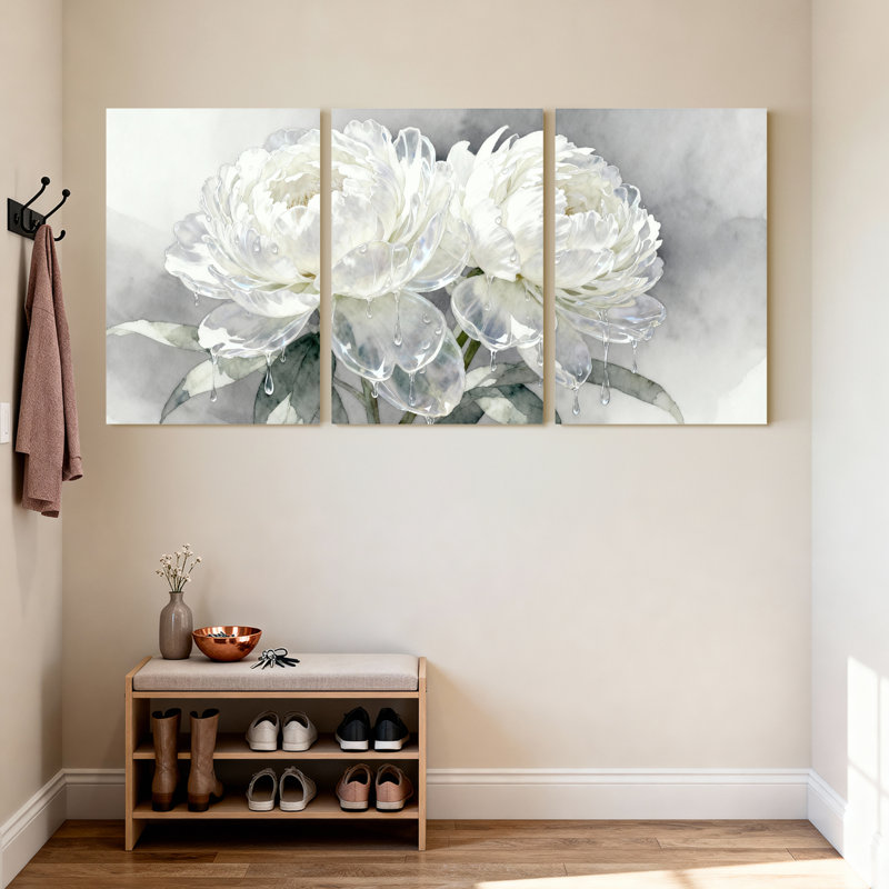Ensemble de 3 tableaux muraux sur toile tendue à motif floral de pivoines blanches, H 18 po x l 36 po