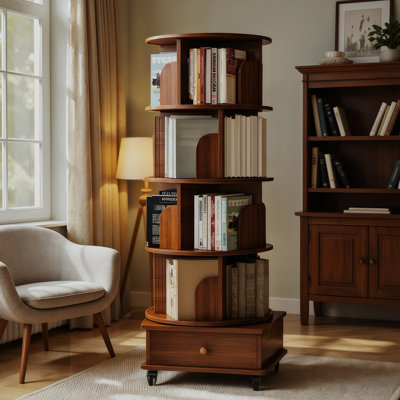 Rotating Wood Narrow Book Shelf Organizer With 5 Tier And Drawer, Floor Standing 360 Degree Display Corner Bookshelf For Small Bedroom Living Room, Walnut Brown Spaces,