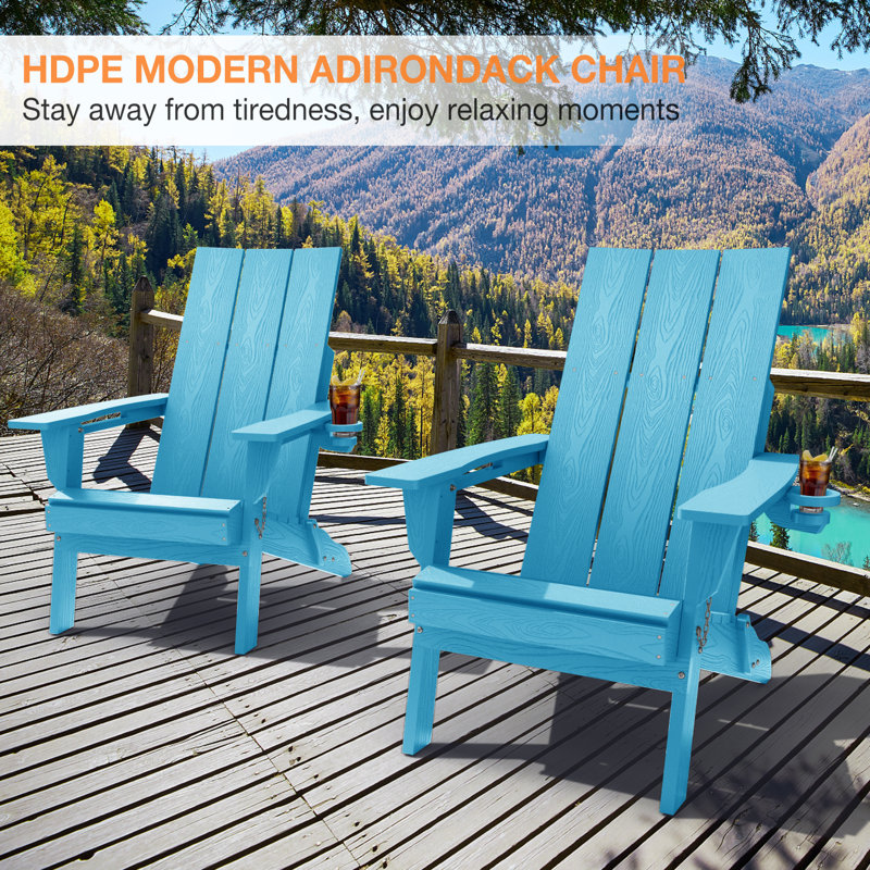Chaises Adirondack pliantes en plastique HDPE avec porte-gobelet (deux ensembles), Bleu