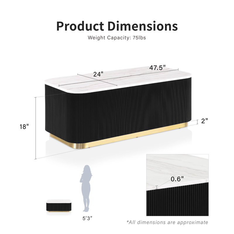 Kirtin 48-Inch Rectangle Marble Coffee Table With Gold Accent Base, Black