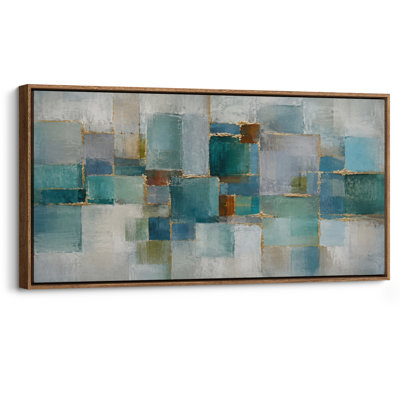 Extra Large Teal Blue Gold Geometric Blocks Contemporary Abstract Framed Canvas Print Wall Art