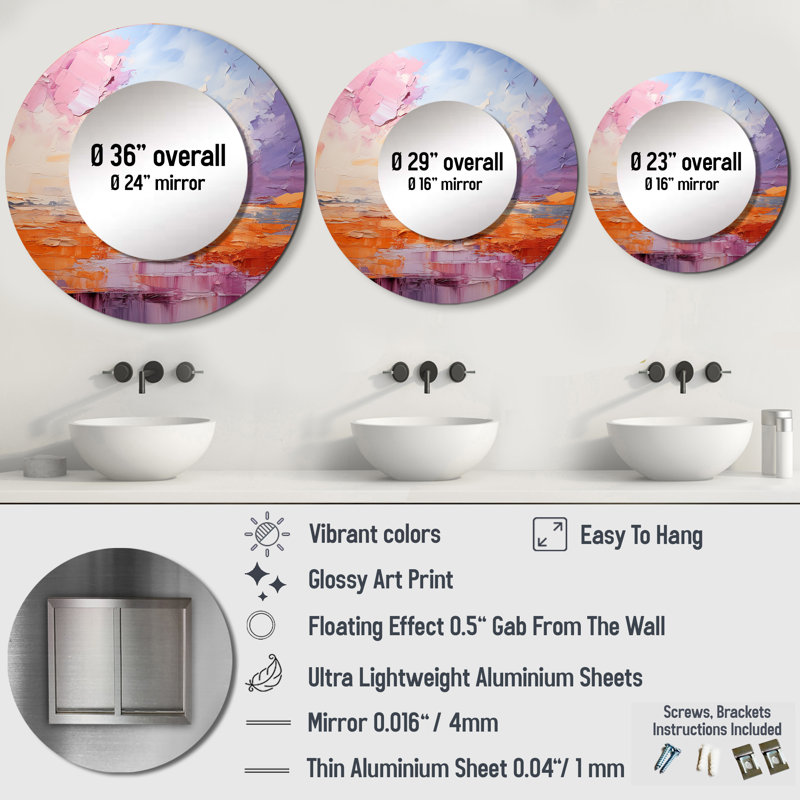 Blush Horizon II - miroir de paysages, miroir mural rond rose, impression d'art en métal, 23 po x 23 po