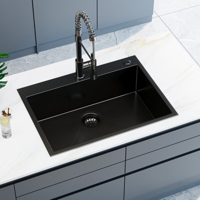 30" Pure Black Topmount Kitchen Sink, 16 Gauge Stainless Steel Single Bowl Kitchen Sink W/ Kitchen Faucet