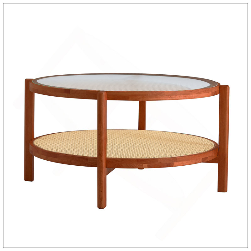Modern Minimalist Circular Double-Layer Solid Wood Coffee Table, Craft Glass Tabletop, Second Layer Material: PE Rattan, Solid Wood Frame. 34.64 '* 34.64' * 17.7''