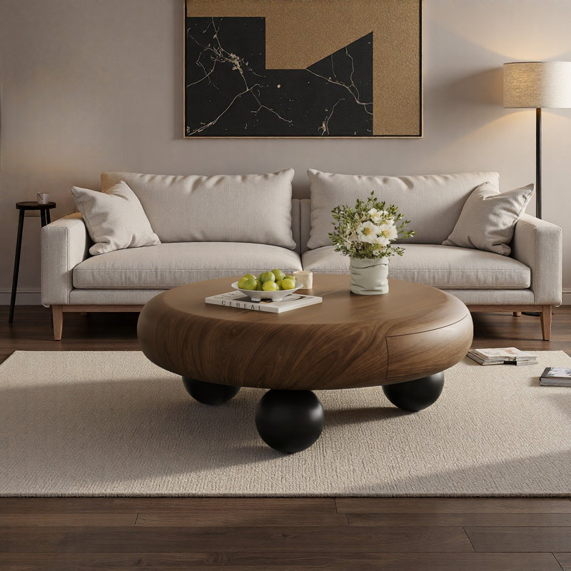 Table basse ronde moderne en noyer de 11,8 po avec tiroir de rangement caché et pieds sphériques noirs