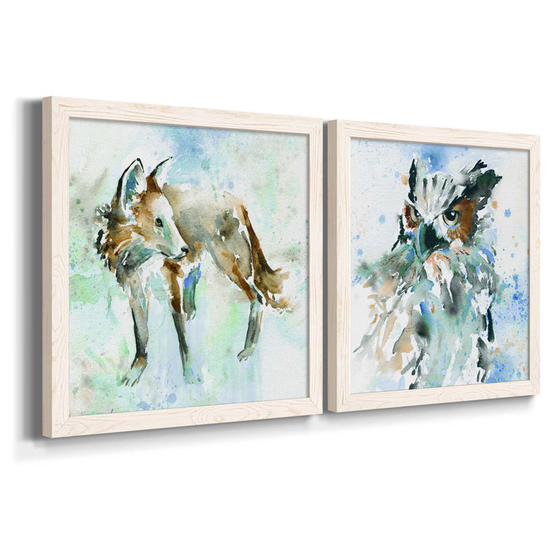 Renard sur bleu - Ensemble de 2 peintures sur toiles, Toile blanche encadrée, H 17 po x l 34 po x P 1,5 po