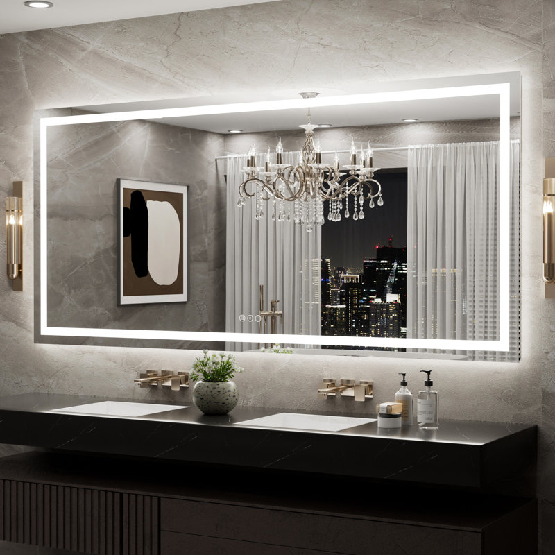 Led Backlit Frameless Lighted Bathroom Mirror Wall Mirror Dimmable Anti-fog, 77" x 36"