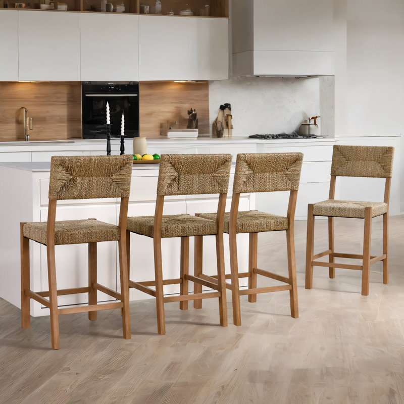 Tabouret de bar Cledia rustique de 53 cm de large, en bois d'acajou et de rotin, avec siège en rotin., 4