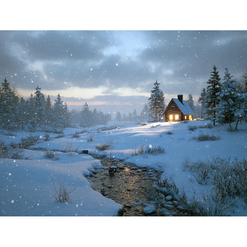 Cozy Cabin in Winter Snowfall - Peaceful Holiday Landscape, art mural sur toile tendue, H 36 po x l 48 po
